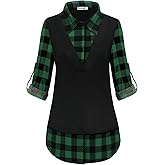 MOQIVG Womens Long Sleeve Contrast Collar Shirts Trendy Casual Plaid Patchwork Tunic Tops