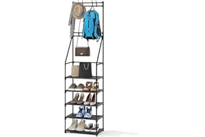 iabifo 3-in-1 Coat Shoe Rack Space-Saving Hall Tree, 5 Tier Shoe Storage with Removable Hooks, Multifunctional Solution，Black