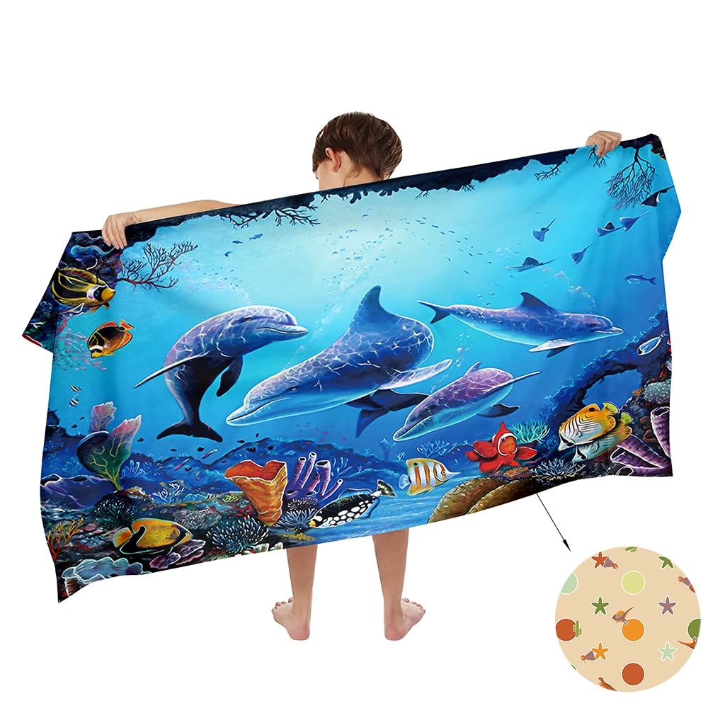 Ulticool Microfibre Children's Bath Towel 140 x 70 cm - Dolphin Aquarium Dino Blue - Lightweight Quick Drying Travel Beach Towel