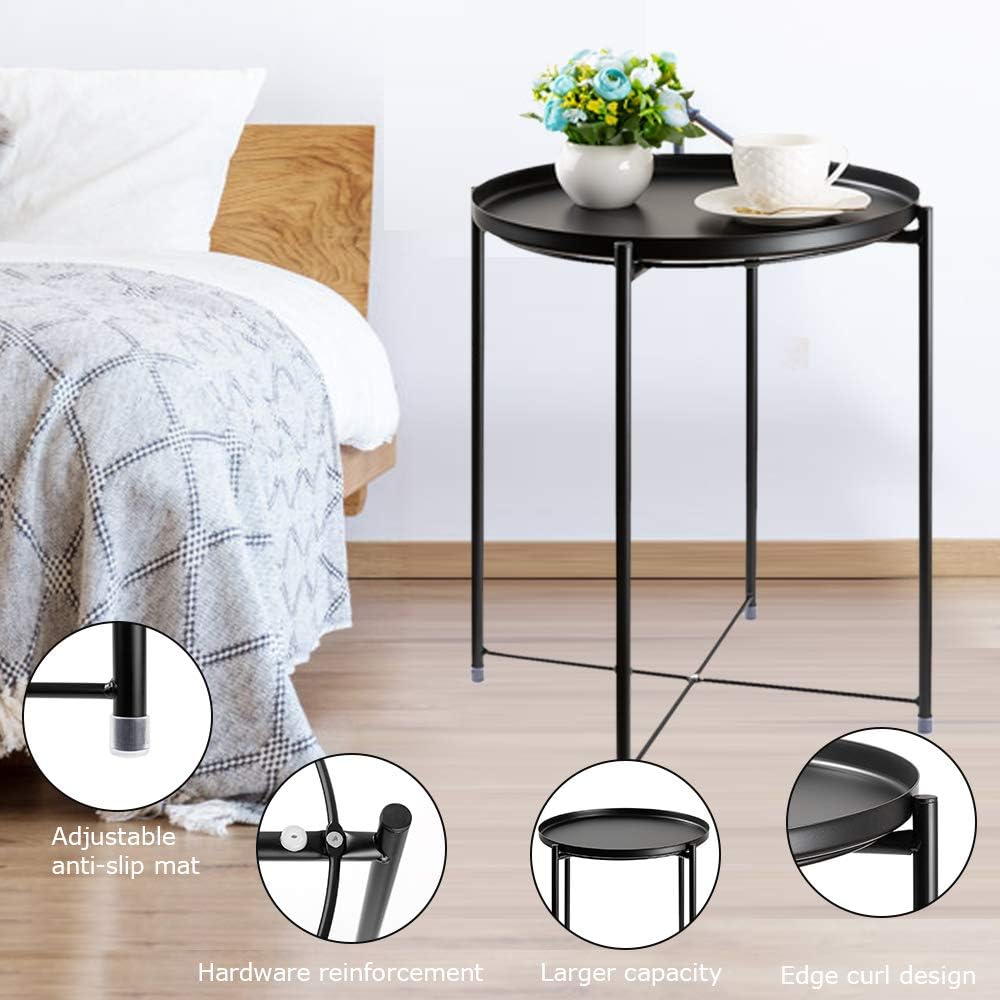 danpinera End Table, Side Table Metal Waterproof Small Coffee Table Sofa Side Table with Round Removable Tray for Living Room Bedroom Balcony and Office (Black): Kitchen & Dining