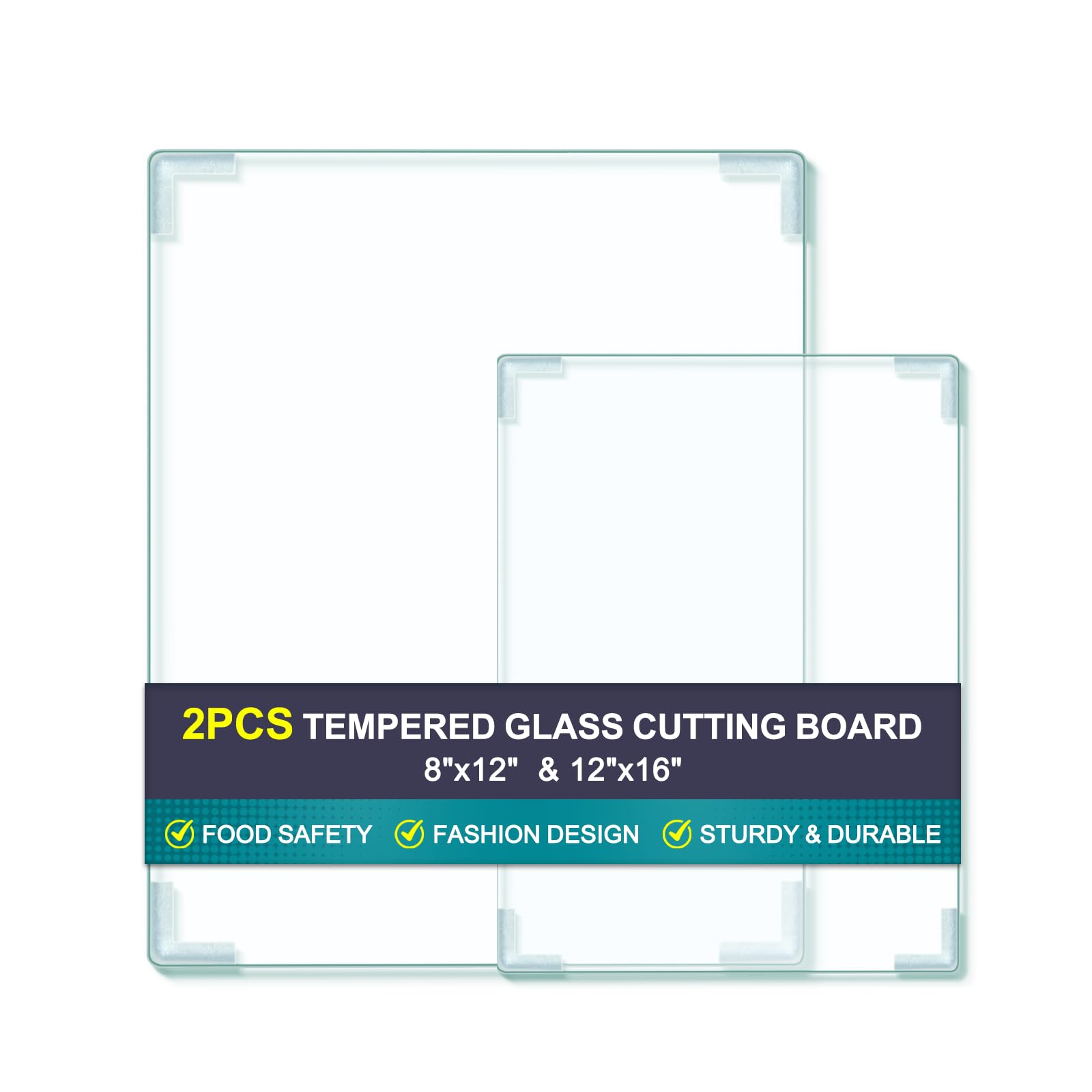 Photo 1 of 2Pcs Tempered Glass Cutting Board for Kitchen Counter, FAAYUCK Glass Cutting Board with Non-Slip Feet, Heat Resistant, Non-Slip, Scratch Resistant, Shatter Resistant (8"x12"&12"x16")