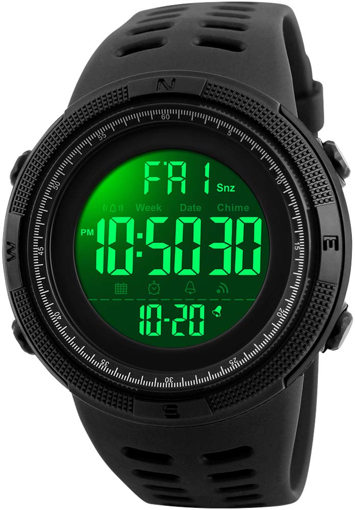FANMIS Mens Digital LED Sports Watch Military Multifunction 12H/24H Time Dual Time Alarm Countdown Back Light with Simple Design 164FT 50M Water Resistant Calendar Month Date Day Watch, Black,