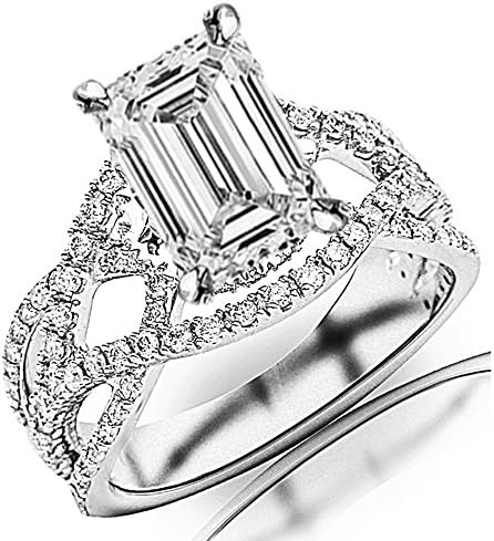 1.45 Cttw 14K White Gold Emerald Cut Eternity Love Twisting Split Shank Pave-set Round Diamond Ring with a 0.7 Carat D-E Color VS1-VS2 Clarity Center
