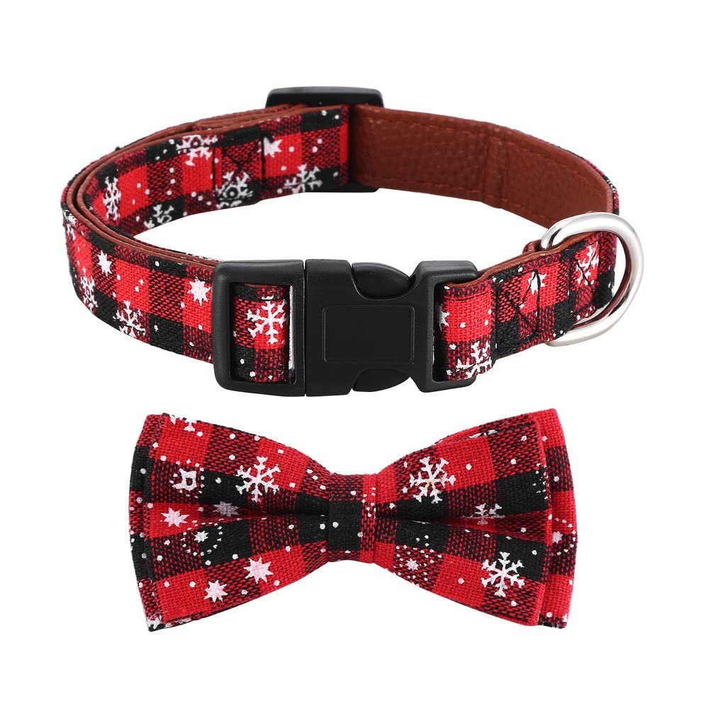 Christmas Dog Collar, Adjustable Soft Puppy Collar with Bow Tie, Breakaway Dog Collar with Snowflake Pattern for Festival, Cute Pet Collar with Quick Release Buckle for Small Medium Large Dog, Red