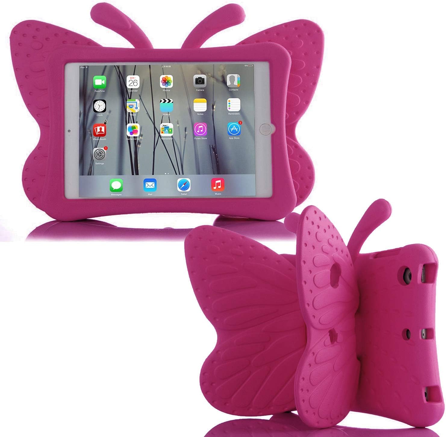 Simicoo iPad Mini 4 3 2 3D Cute Butterfly Case for Kids Light Weight EVA Stand Shockproof Rugged Heavy Duty Kids Friendly Tablet Case for iPad Mini 4 3 2 (Rose)