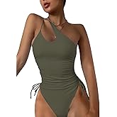 Eomenie Women's One Piece One Shoulder Swimsuit with Drawstring Tummy Control Bathing Suit Sexy High Cut Swim Suits