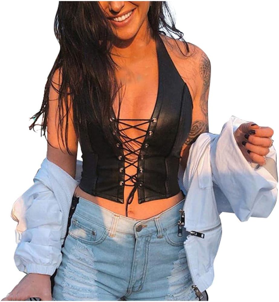 Woman Vest Patent Leather Short Bandage Vest Hollow Sleeveless Vest Gothic Punk Rock Jacket Halter Tops