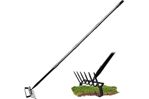 LARNORJE 6-Tines Rake and Stirrup Hoe - Adjustable Long Handle Scuffle Loop Hula Action Hoe for Weeding, Digging, Loosening Soil, Stainless Steel Tiller Cultivator for Gardening, Raised Flower Beds Planting.