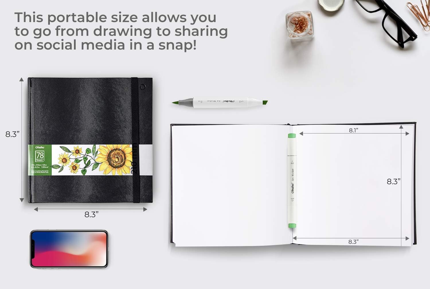 Ohuhu Marker Pads Art Sketchbook, 8.3"×8.3", Portable Square Size, 120 LB/200 GSM Drawing Papers, 78 Sheets/156 Pages, Hardcover Sketch Book, Specially Designed for Alcohol Markers Christmas: Office Products
