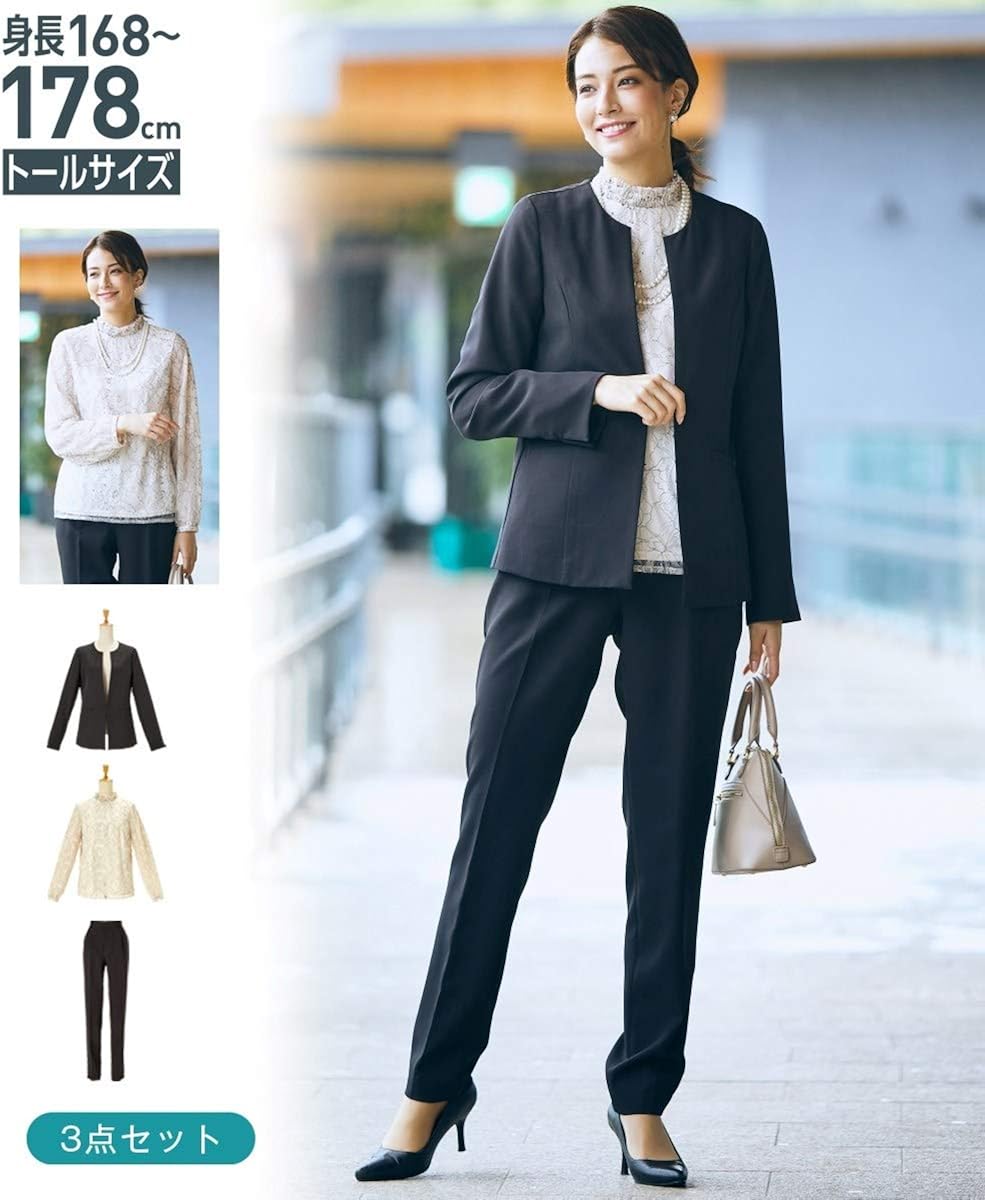 Amazon Nissen ニッセン 長袖 トールサイズ フォーマルウェア ワンピース 入学式 卒業式用 入園 入学 卒園 卒業 トールサイズ 3点セット ジャケット レースブラウス テーパードパンツ パンツスーツ 通販