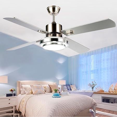 Modern Ceiling Fan With Led Light 4 Wood Blades Remote Control For