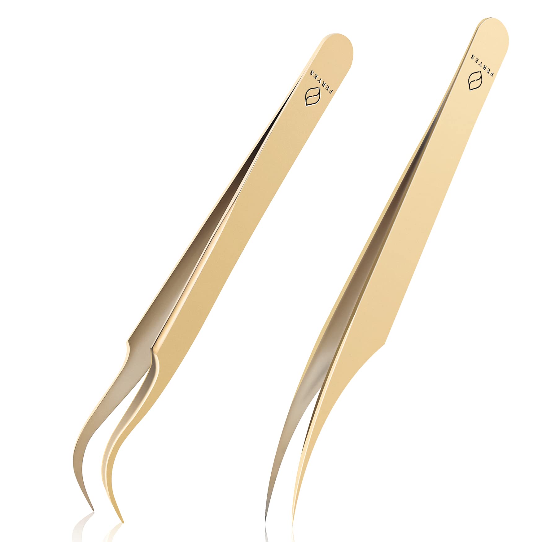 FERYES Lash Tweezers for Eyelash Extensions, Professional Dolphin & Boot Tweezers, Stainless Steel Lash Extension kit, Volume Precision Eyelash Tweezer with Tin Box, 2 Pcs, Gold-plated