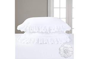 YINFUNG Eyelet Pillow Shams White Lace Ruffled Standard Shabby Chic Set of 2 Pillowcases Scalloped Farmhouse Country French Pretty Girls Cute Ruffle Embroidered 2 Pieces 20×26 Vintage Cotton 100%