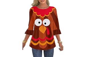 ROSHOP Thanksgiving Shirts Womens 3 4 Sleeve Ruffle Holiday Turkey Outfits Themed Costume Tops