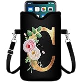 Initial Neoprene Cell Phone Sleeve Pouch 7.6"x4.3" with Crossbody Strap/Neck Lanyard,2 Pockets Inner Universal Phone Bag for Womem Men Shockproof Mobile Protection Case Bag-Black Letter-C Phone Pouch
