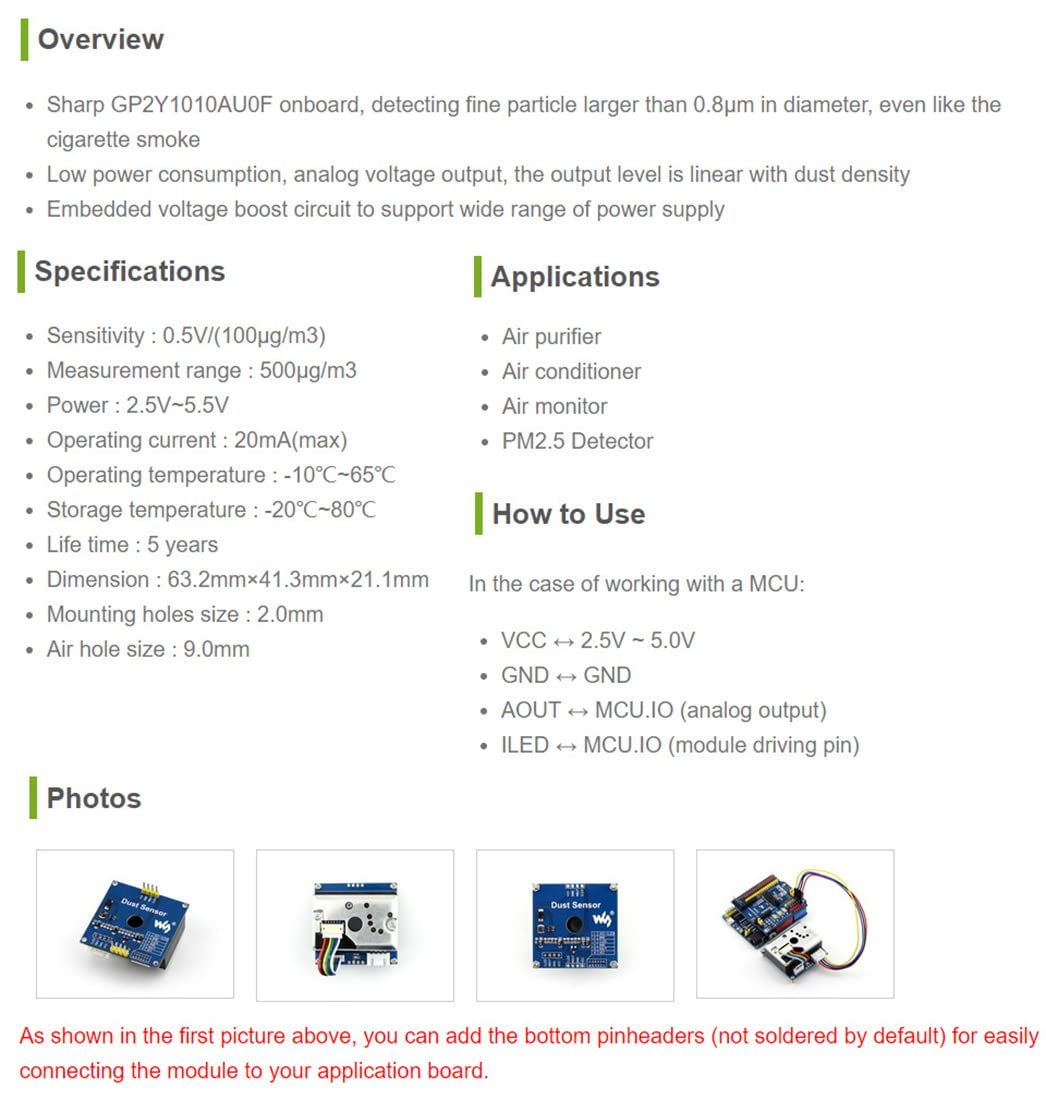 Mua Waveshare Dust Sensor Detector Module with Sharp GP2Y1010AU0F ...