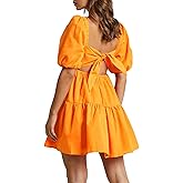 OWNGIGI Women's Summer Dress Square Neck Puffy Short Sleeve Loose Tie Back Casual A-Line Mini Dresses
