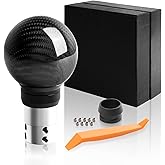 Carbon Fiber Round Ball Shift Knob with Gift Box for Automatic Cars, Black | Compatible with selected lock-button automatic transmission shifters, round ball design, carbon pattern, gift box included.