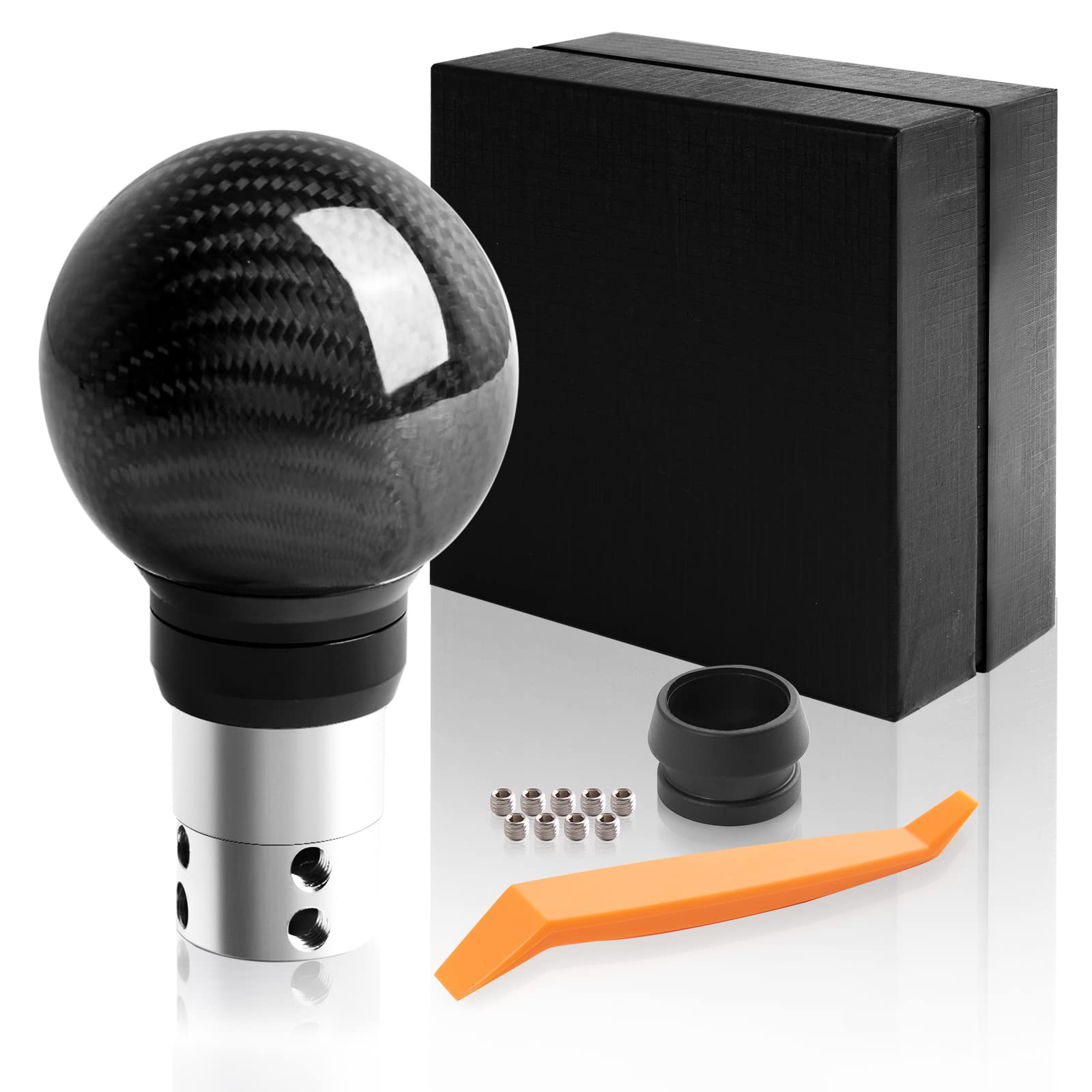 Photo 1 of TEMSONE Universal Carbon Fiber Shift knob Round Ball Compatible with Lock/Button Automatic Transmission,Give for Boyfriend Father's Carbon Pattern Gear Shift Gift Box(Black)