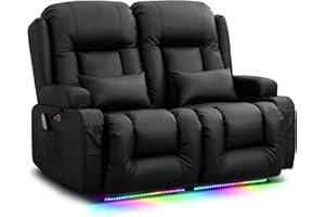 TUNYI Power Loveseat Recliner Sofa - Home Theater Seating with Massage & Heat Faux Leather RV Recliner Loveseat Sofa with USB/Cup Holder/Side Pocket/LED Light/Pillow (Black)