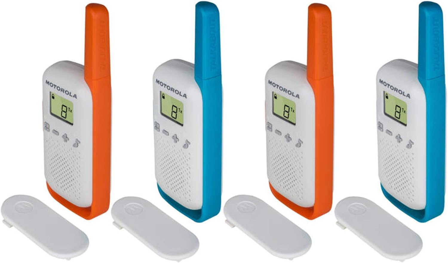 Motorola Solution T42 Quad Talkabout PMR446 2-Way Walkie Talkie Portable Radio’s (One Pack of 4), Blue and Orange