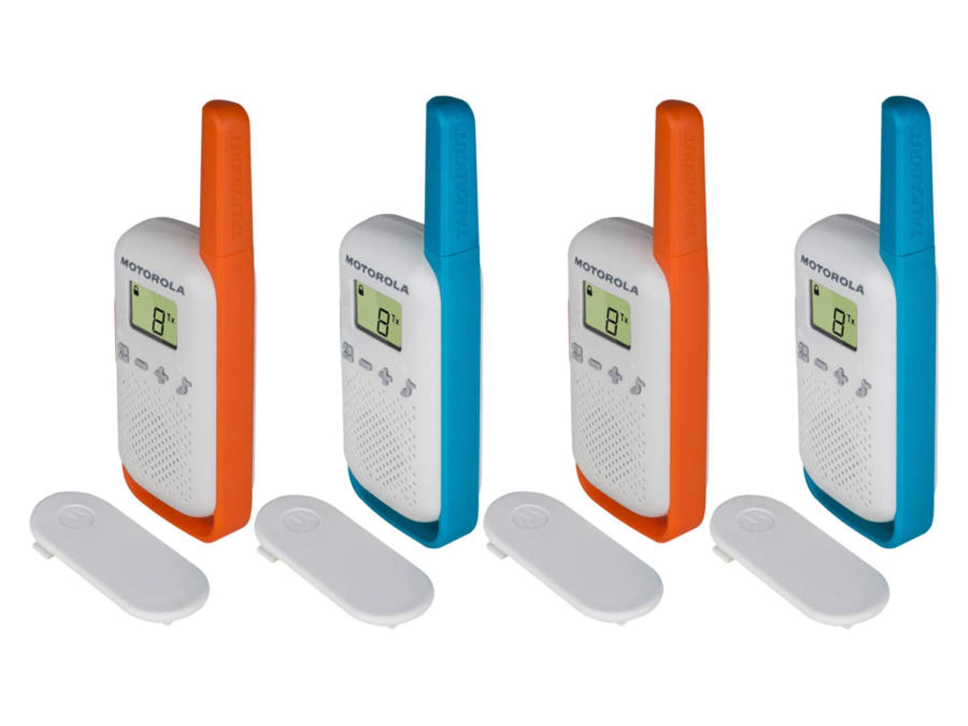 Motorola Solution T42 Quad Talkabout PMR446 2-Way Walkie Talkie Portable Radio’s (One Pack of 4), Blue and Orange