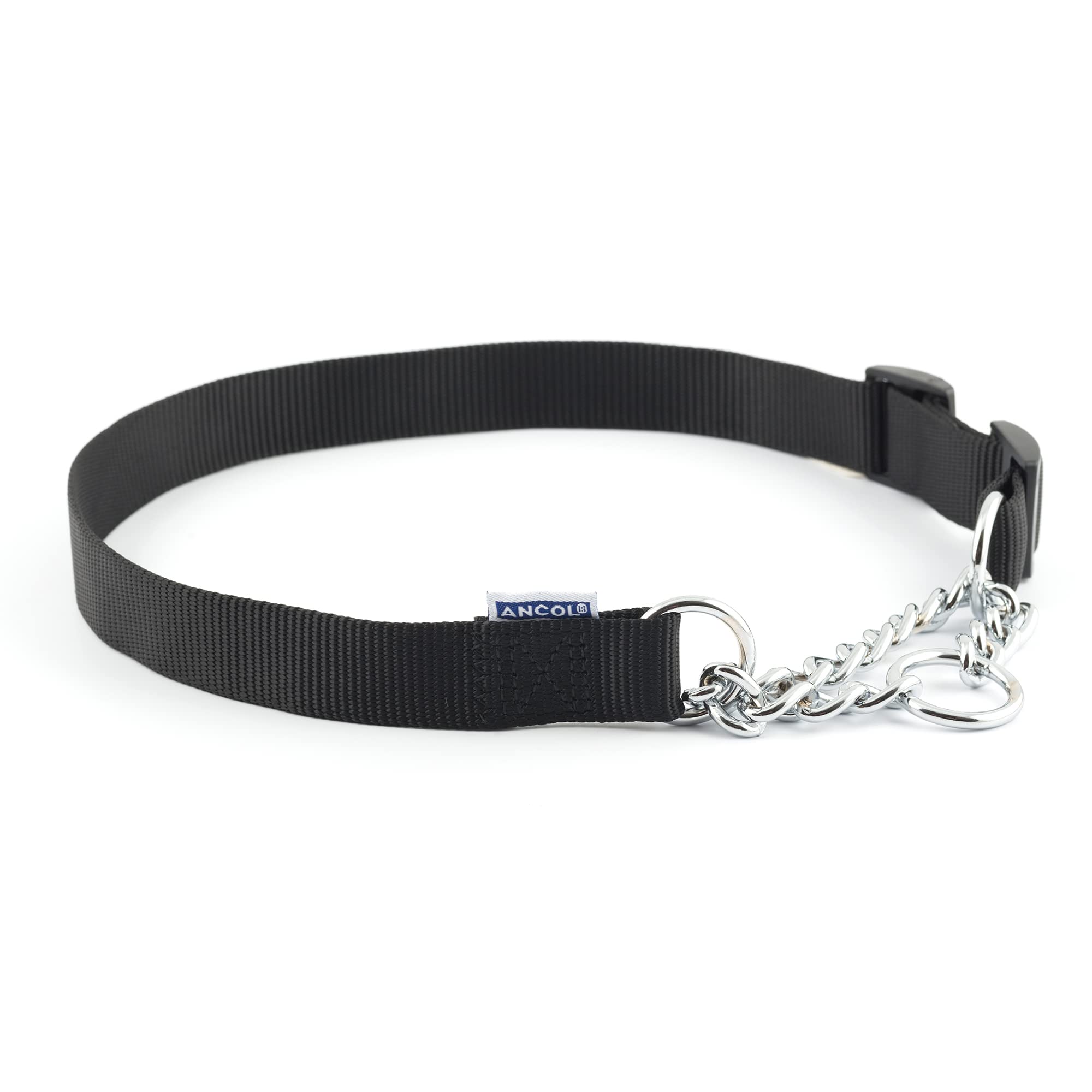 Ancol Heritage Nylon and Chain Check Dog Collar - Black Durable Training Accessory for Puppies and Dogs - 50-70cm Size 5-9