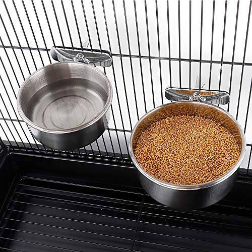 FinYii 2Pack Bird Parrot Feeding Cups with Clamp, Stainless Steel Food