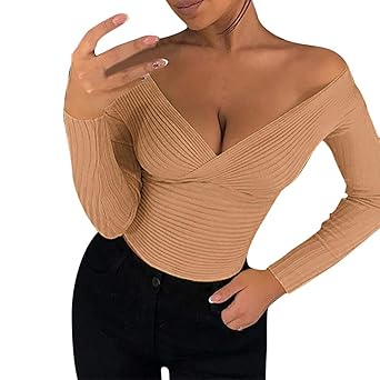 QingJiu Fashion Women Sexy Deep V-Neck Solid Long Sleeve Short Bodycon Tops T-Shirt