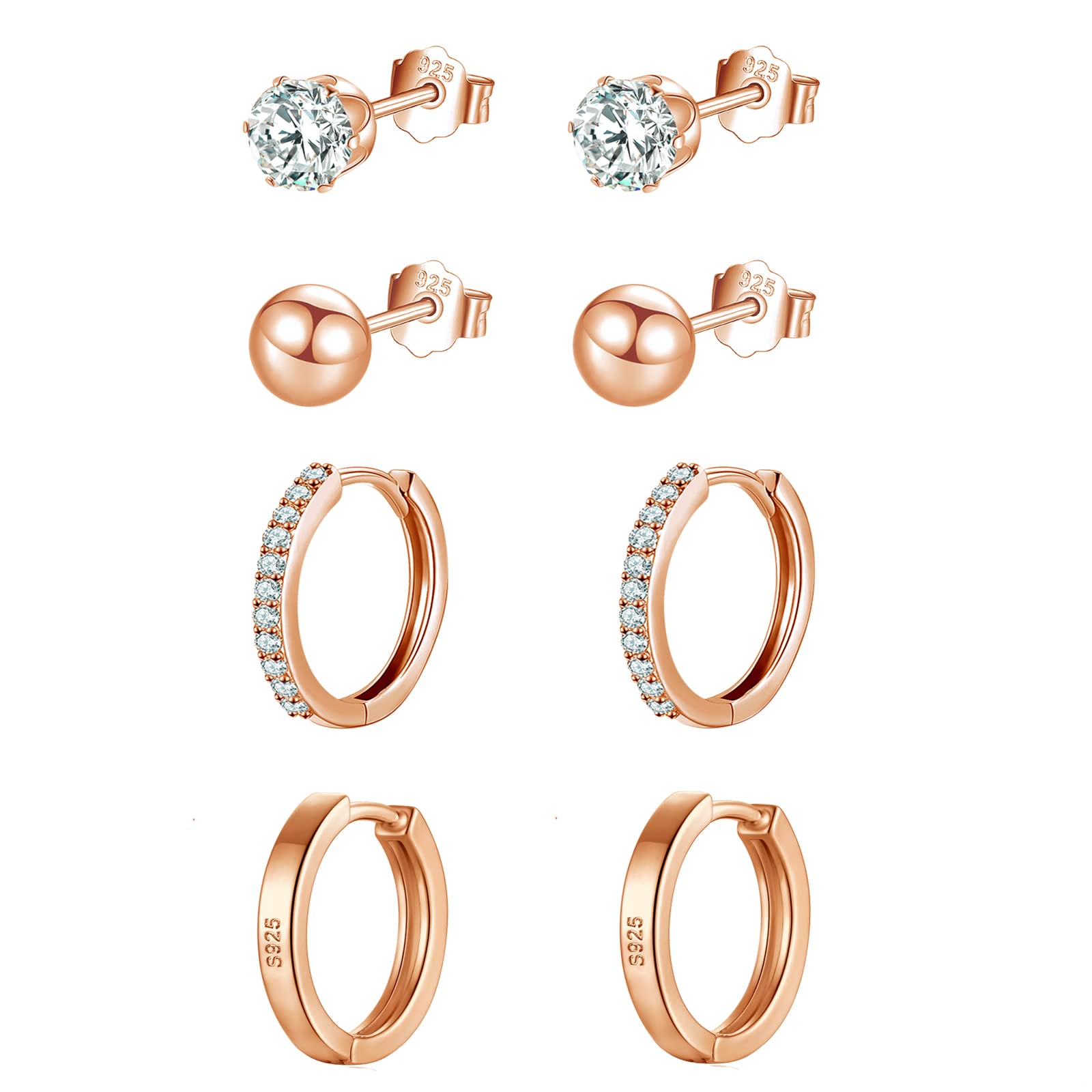 wynn's Sterling Silver Stud Earrings for Women, Rose Gold Stud Earrings & Hoop Earrings Set, 4 Pairs Small Cartilage Sleepers Studs Hoops Earrings Set, 4mm Studs & 12mm Hoops, Rose Gold Earrings