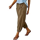 WROLEM Womens High Waist Pants Drawstring Wide Leg Cropped Casual Loose Capris with Pockets for Women