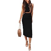 PRETTYGARDEN Women's 2 Piece Summer Outfits Crewneck Tank Tops Split Bodycon Midi Skirt Set