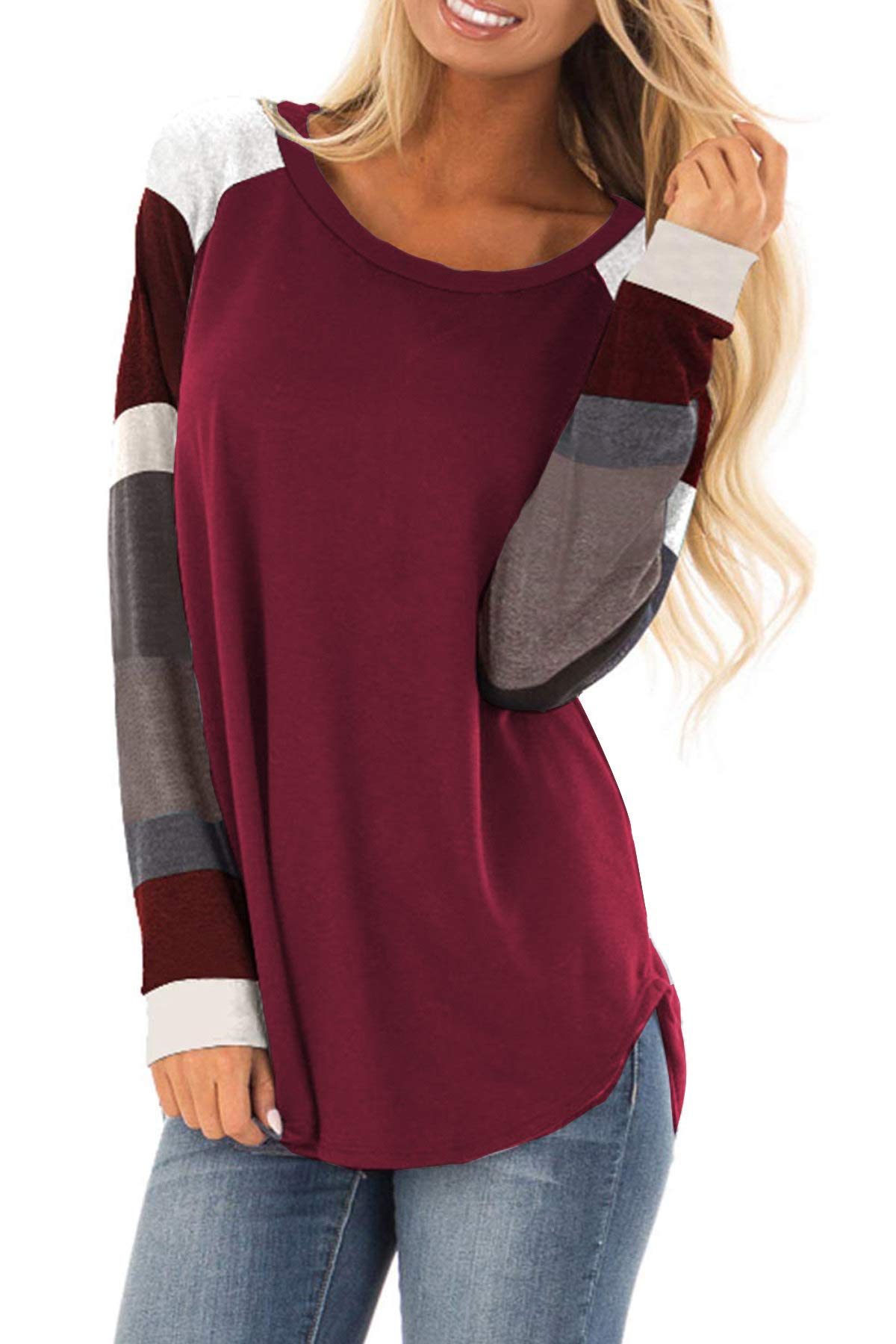 IMIDO Womens U Neck Tops Striped Color Block T-Shirts Casual Pullover Lightweight Long Sleeve Tunic Blouses (XL, A-Wine Red)