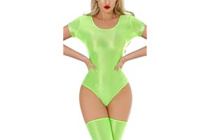 Aivtalk Women Glossy Short Sleeve Bodysuit Leotard One Piece Smooth Oil Shiny Dance Leotard
