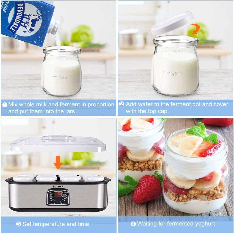 Yogurt Maker Automatic Digital Yoghurt Maker Machine with 8 Glass Greek Jars 48 Ozs (6Oz Each Jar) LCD Display with Constant Temperature Control Stainless Steel Design for Home Use: Kitchen & Dining