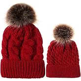 2PCS Parent-Child Hat,Mother & Daughter/Son Winter Warm Knit Hat Family Crochet Beanie Ski Cap(Red)