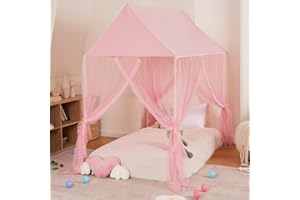 ZRVTM Princess Bed Canopy for Girls - Pink Canopy Princess Castle Dreamy Playhouse Mosquito Net Reading Nook Canopies Play Tent Canopy Bed Curtains for Kids(Twin,Pink), Frame Not Included