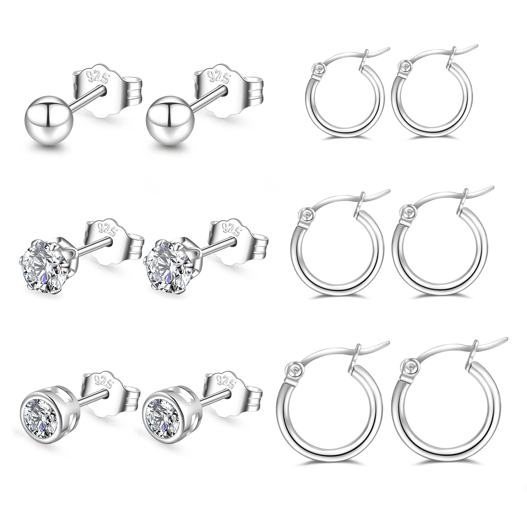Silver Hoops Earrings for Women 925 Sterling Silver Hoop Earrings with Silver Stud Earring Set with Cubic Zirconia Unisex Sleeper Huggie Small Hoop Earring for Men Women(4mm*3+1 * 8/10/12mm) PABBEU