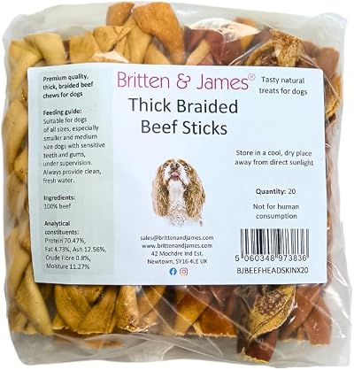 Britten and James 20 Thick Braided Beef Headskin Sticks (350g) for Dogs