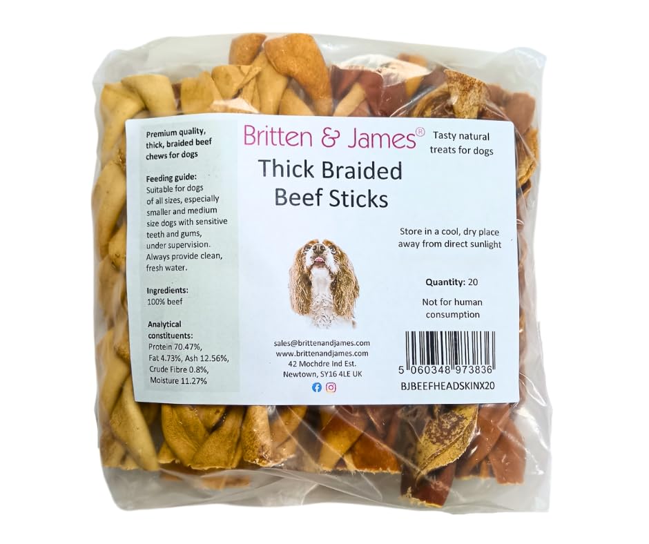 Britten and James 20 Thick Braided Beef Skin Sticks for Dogs (350g). Natural Long-Lasting Dog Chew Treats - Hypoallergenic, Gluten and Grain Free