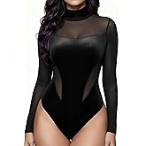GAMISS Bodysuit for Women Long Sleeve Velvet Mesh Bodysuit – Sexy Sheer Top for Christmas or Daily Wear S-XXL