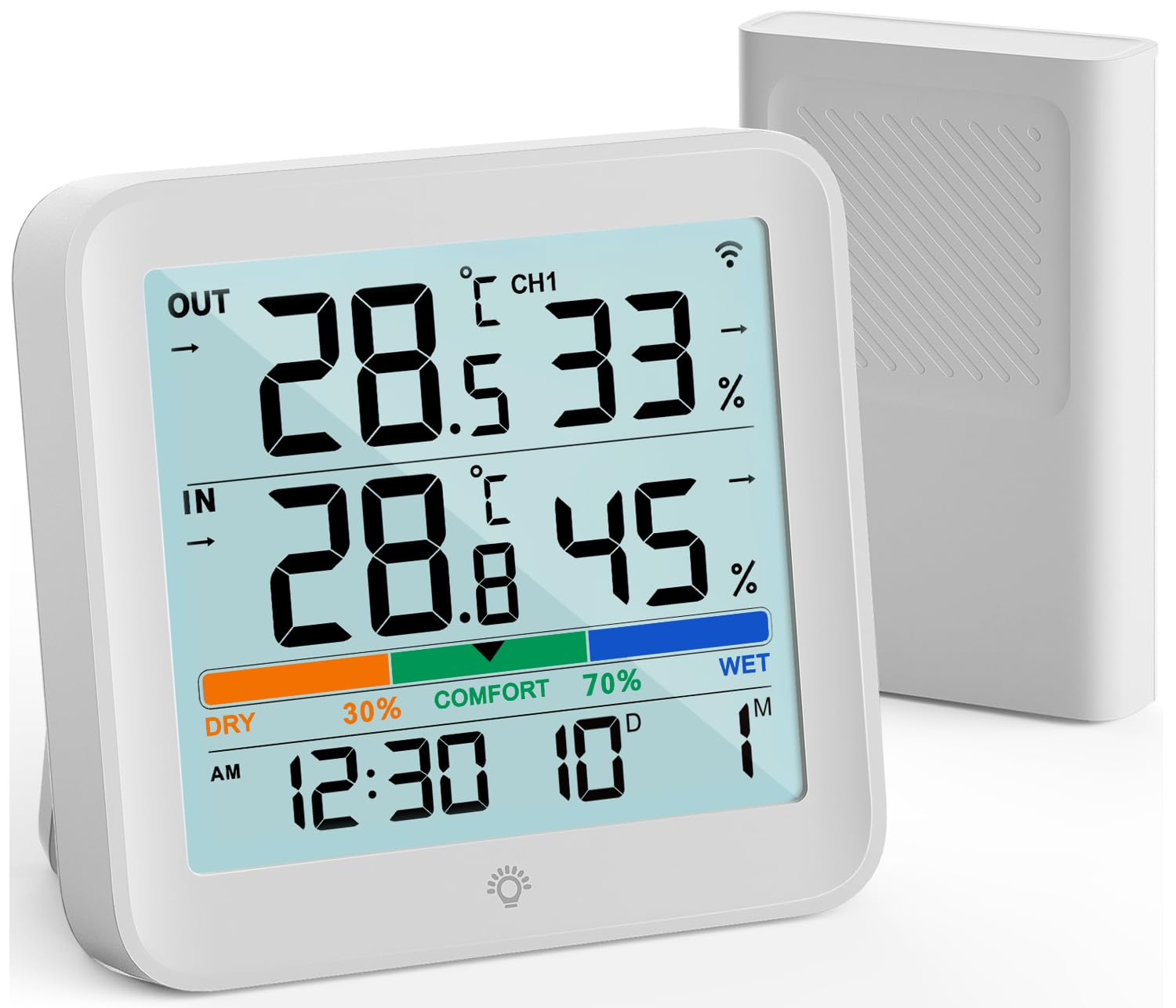 VOCOO Wireless Thermometer Indoor Outdoor Hygrometer with 1 Remote Sensors,Digital Humidity Temperature Gauge Meter Monitor with Backlit Clock Min/Max Value, ℉/℃ Air Indicator for Home, Greenhouse