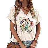 Jliqt Cottagecore Vintage Flowers V Neck Tshirts for Women Boho Floral Wildflowers Graphic Tee Casual Tops