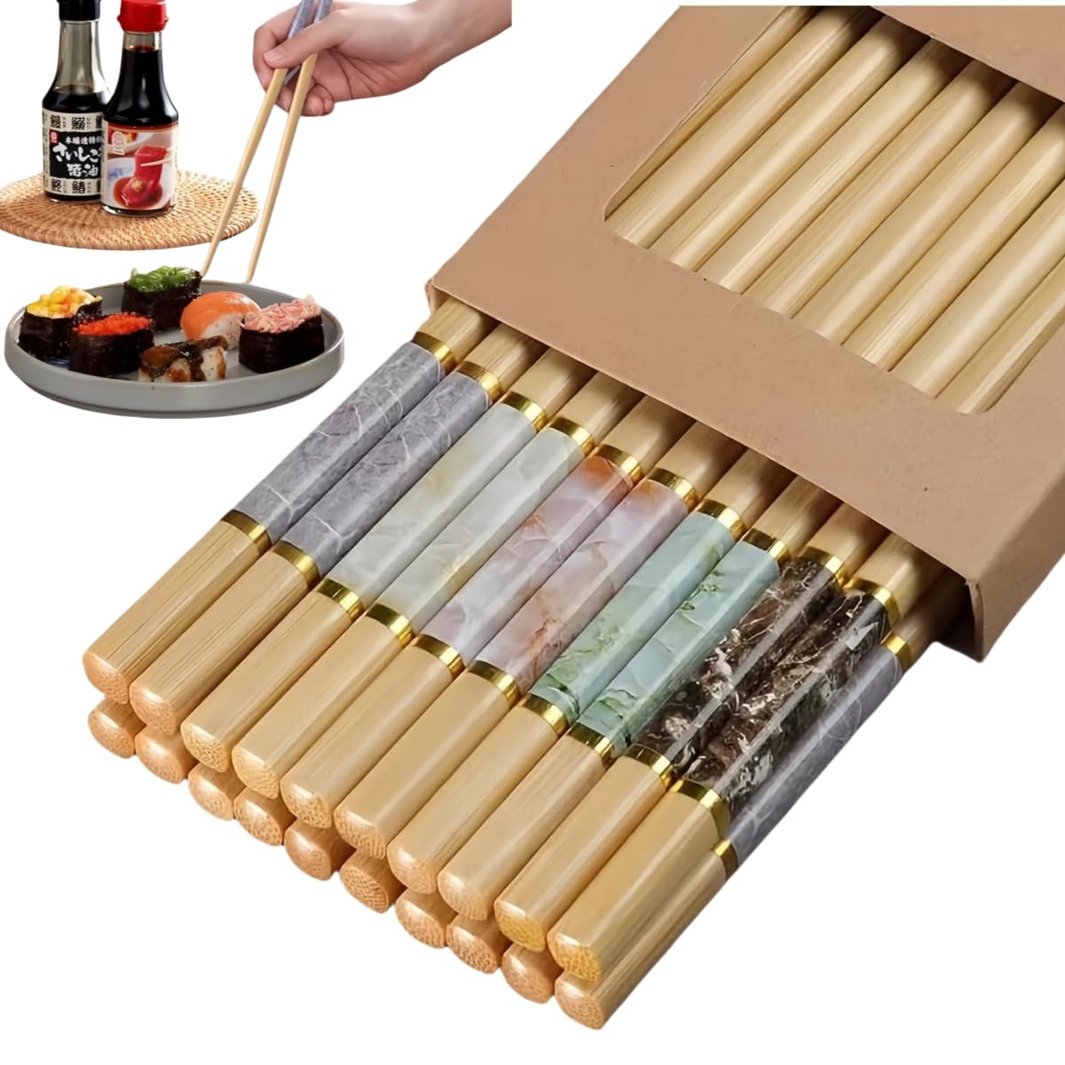 Photo 1 of 10 Pairs Bamboo Chopsticks Reusable Japanese Chopsticks Set 9.45 inches Chinese chop sticks reusable dishwasher safe Non slip Christmas ChopSticks Gift Set for Sushi & Ramen Lovers Kitchen Utensils