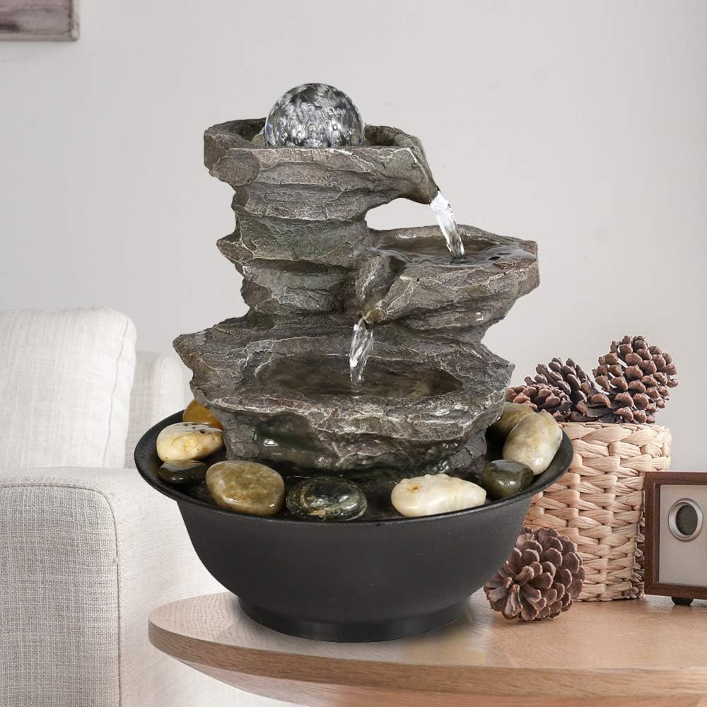 Indoor Fountains & Accessories - Peterivan 4-Tier Cascading Resin-rock Falls Tabletop Water Fountain - 11 2/5” Small Relaxation Waterfall Feature with LED LIghts&Ball, Indoor Oudoor Decorative Tabletop Fountain for Stress Relief