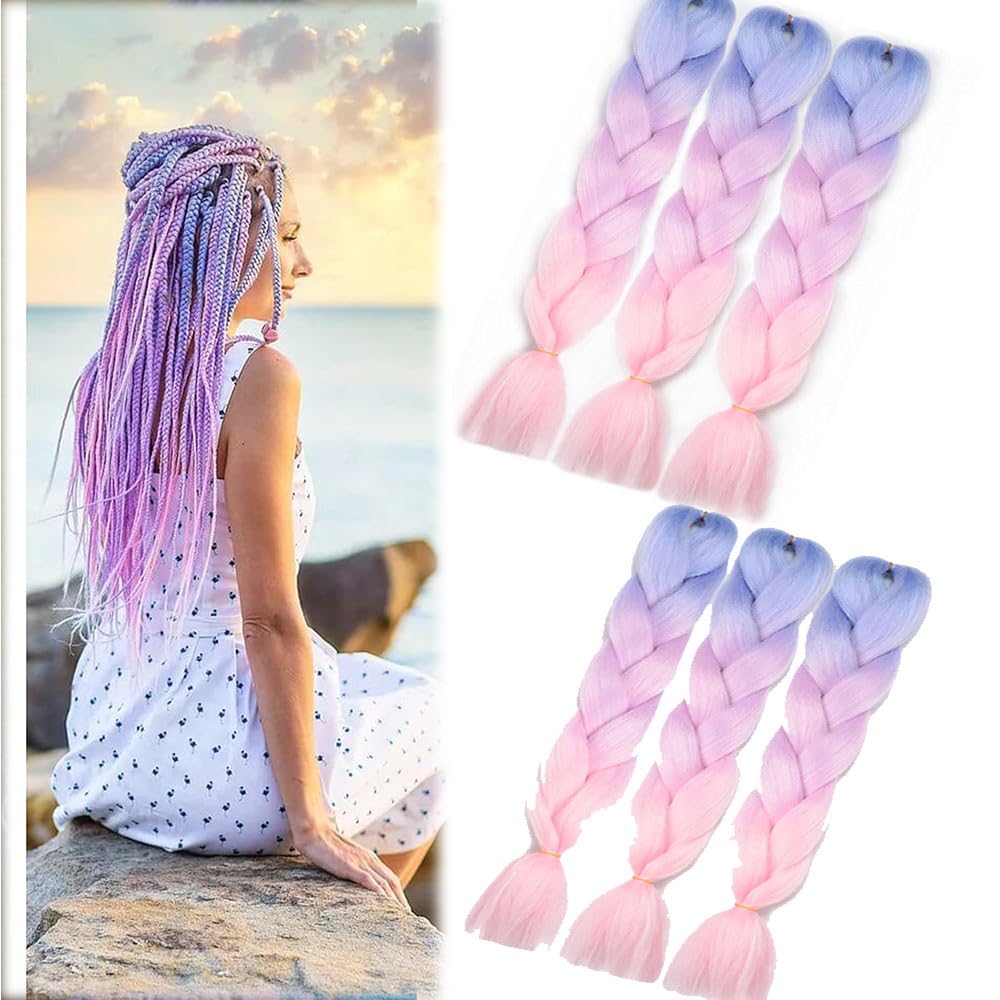 braiding hair pink 6packs jumbo braids extensions, Yaki synthetic hair for braiding Colorful Hair Extensions for Crochet Twist Braids for Women (Blue-Light purple-Pink) — image 1