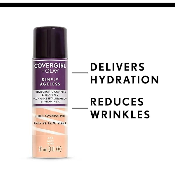COVERGIRL & OLAY SIMPLY AGELESS 3-IN-1 LIQUID FOUNDATION, MATTE FINISH, HYALURONIC & VITAMIN C FORMULA, CRUELTY FREE, CREAMY NATURAL, 1 COUNT