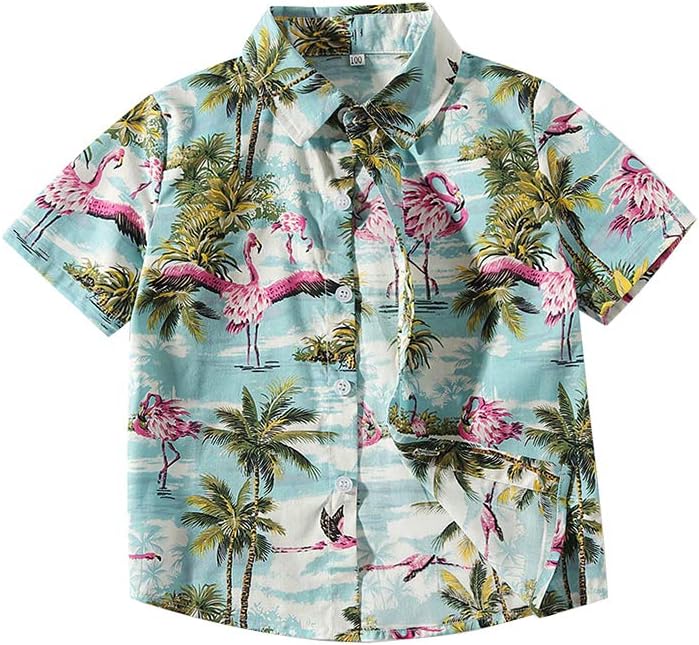 Abolai Boys' Short Sleeve One Pocket Dinosaur Pattern Woven Shirt