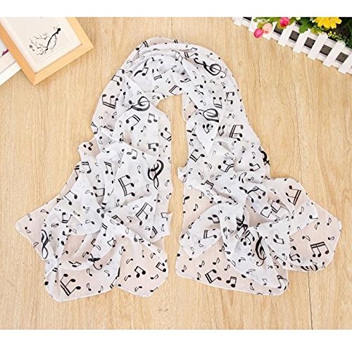 Qenci Chiffon Scarf Musical Note Printed Neck Lightweight Scarf Shawl Wrap White