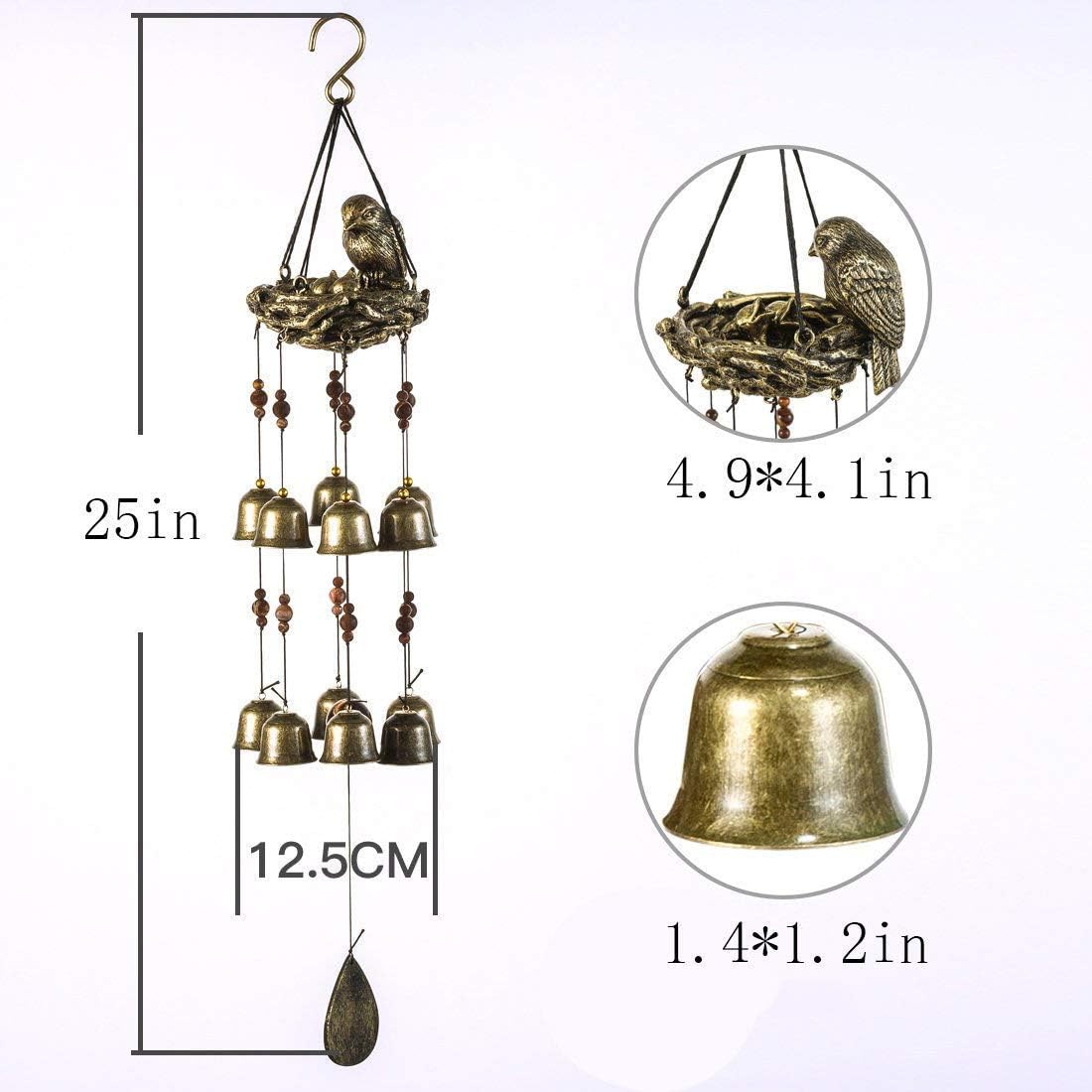 Gardenvy Bird Nest Wind Chime, Bird Bells Chimes with 12 Wind Bells for Glory Mother’s Love Gift, Garden Backyard Church Hanging Decor, Bronze : Garden & Outdoor